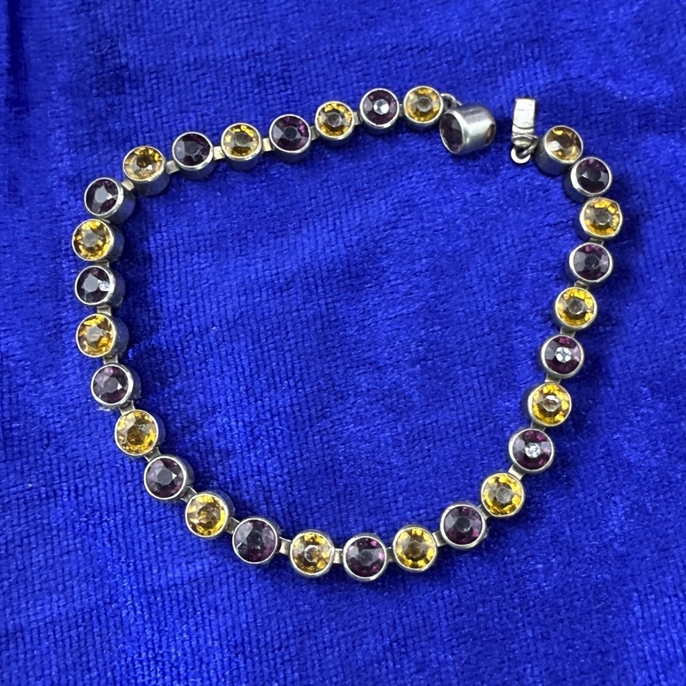 Vintage Tennis Bracelet Silver Tone Rhinestone Purple Yellow Magnetic 7.5"
